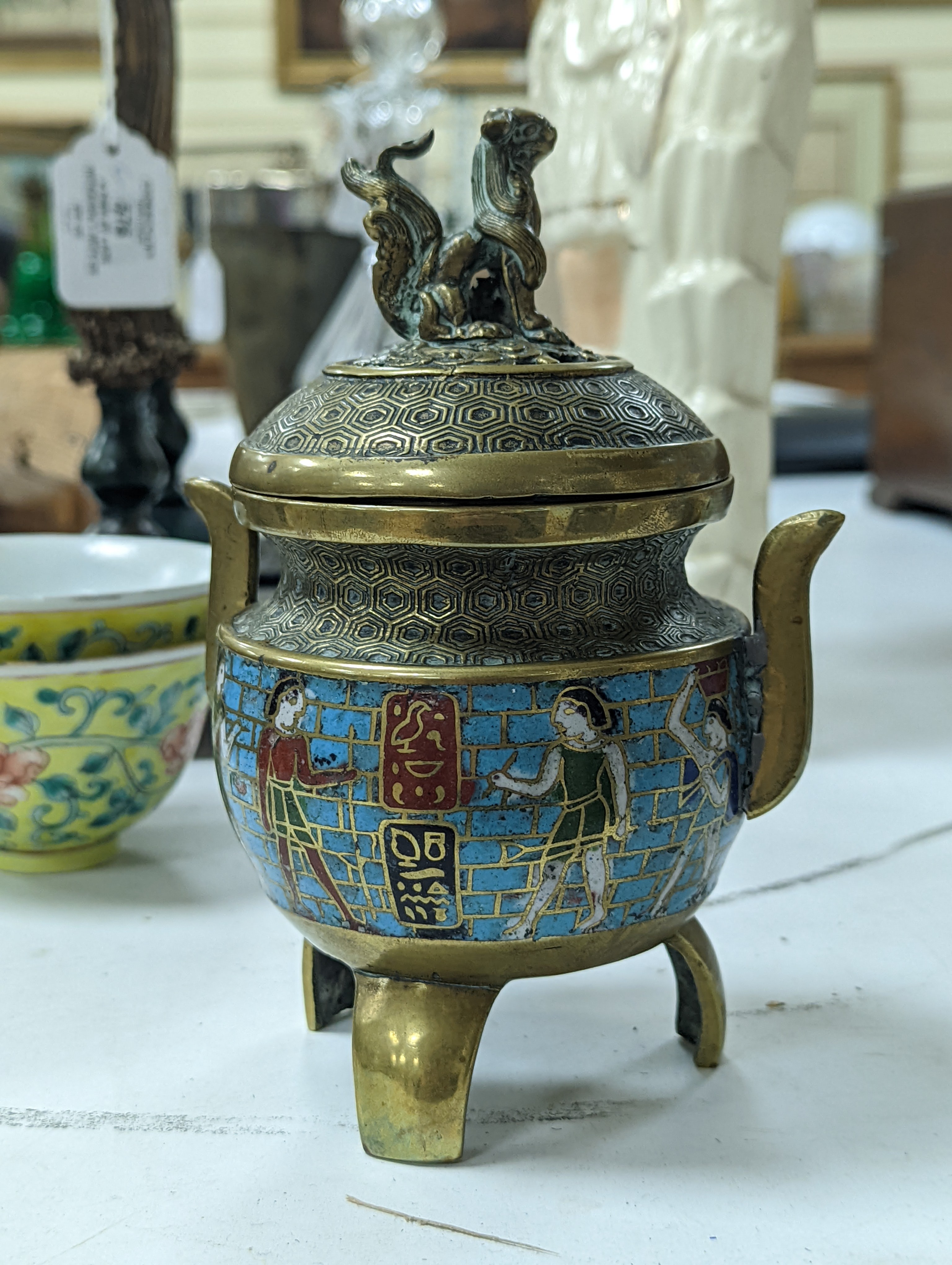 A group of Chinese porcelain, 19th /20th century, to include a pair of yellow ground bowls, 10.8 cm diameter, a blue and white vase, Xuande mark, a similar bowl and vase, and a champleve enamel bronze koro and cover